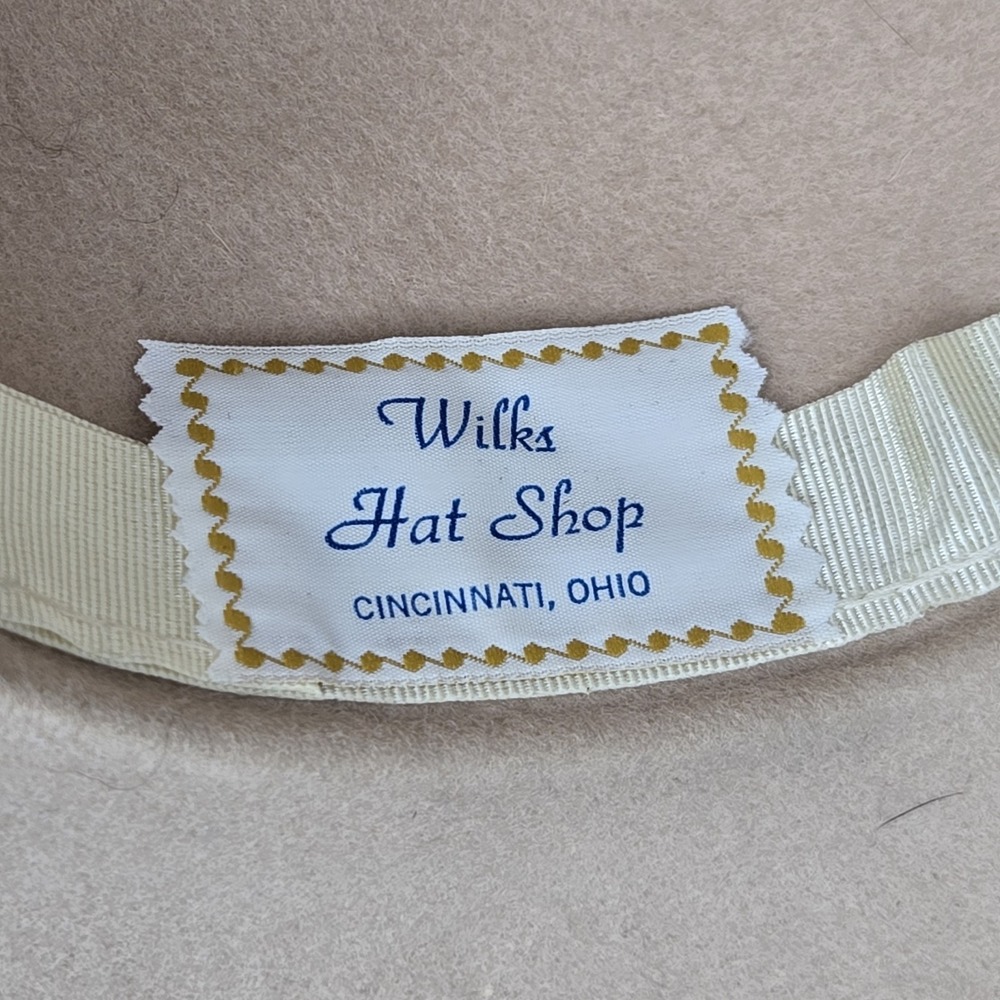 Vtg Bollman 100% Wool Doeskin Felt Wide Brim Hat Tan Neutral Tulle Sequins Glam - Picture 8 of 9